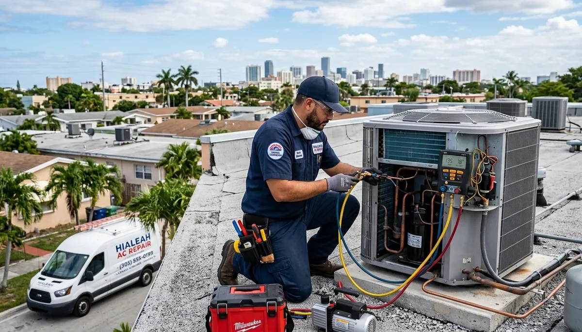 Professional AC repair technician servicing air conditioner unit in Miami FL