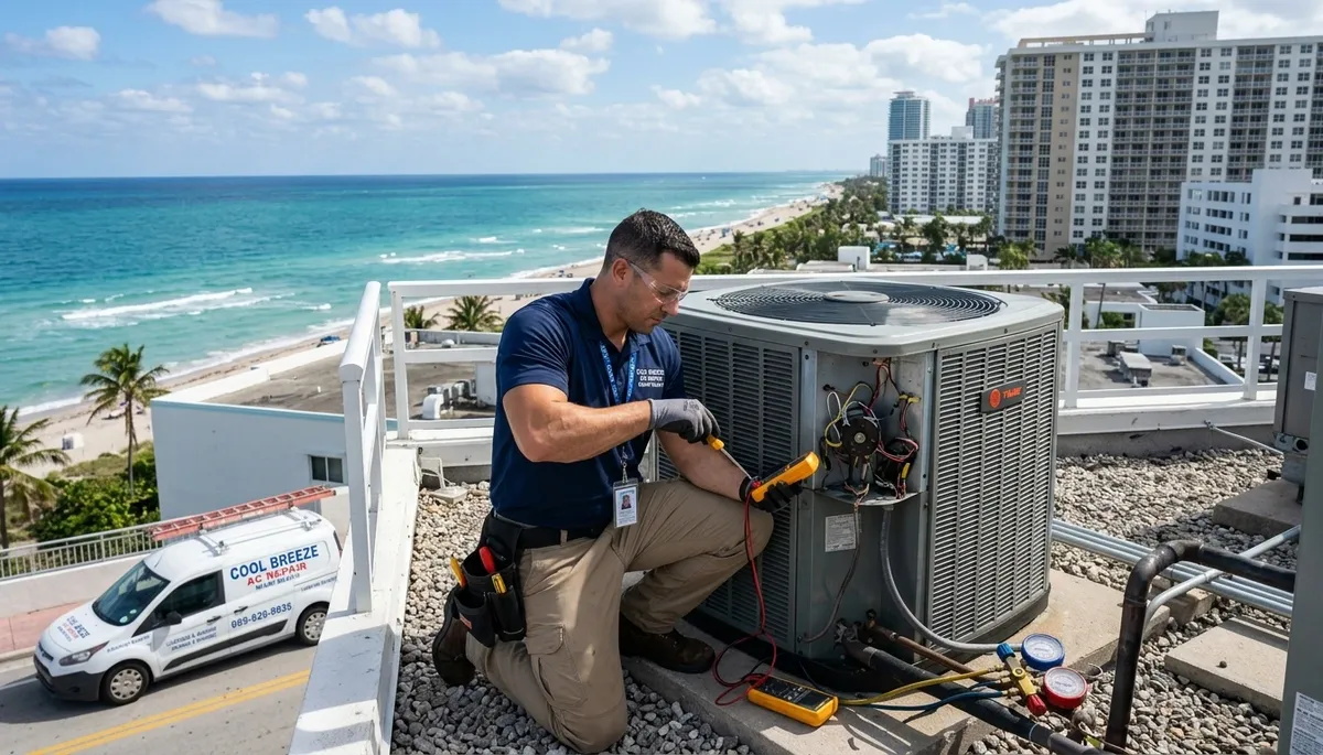 Professional AC repair technician servicing air conditioner unit in Miami FL home