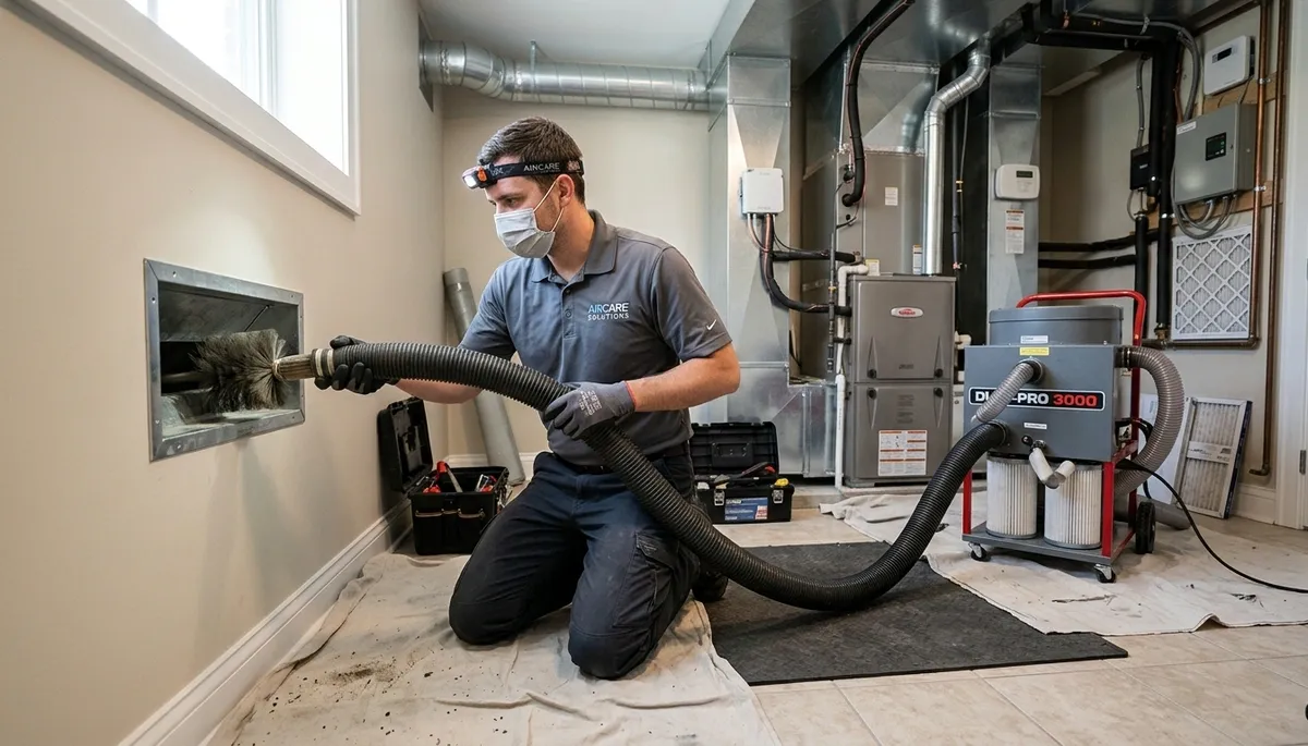 Technician cleaning air ducts in Miami FL home for Five Star Cooling professional AC repair service
