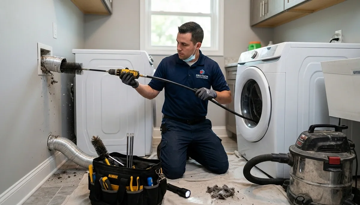 Technician cleaning dryer vent for improved airflow and safety in Miami, FL home