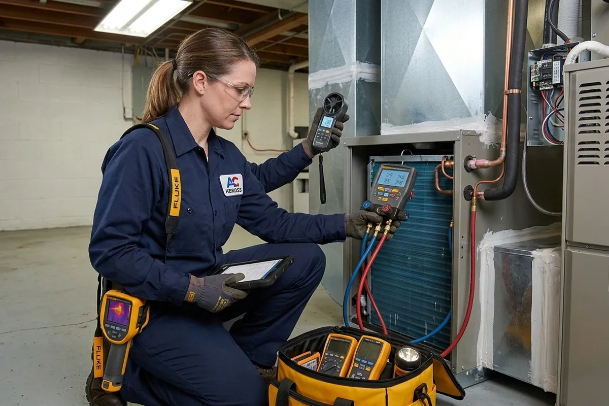 Technician testing repaired AC system performance during quality inspection in Miami, FL
